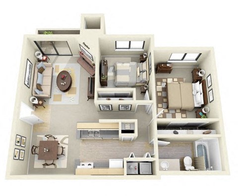 3D Floor Plan Image of The Cascade - two bedroom apartments near me